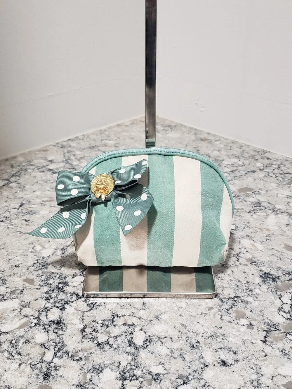 Christian Dior Green Stripe Cosmetic Polka-dot Bow Pouch with Gold Tone CD pin